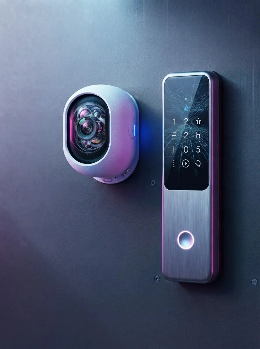 Smart lock and camera showing latest smart home technology trends.