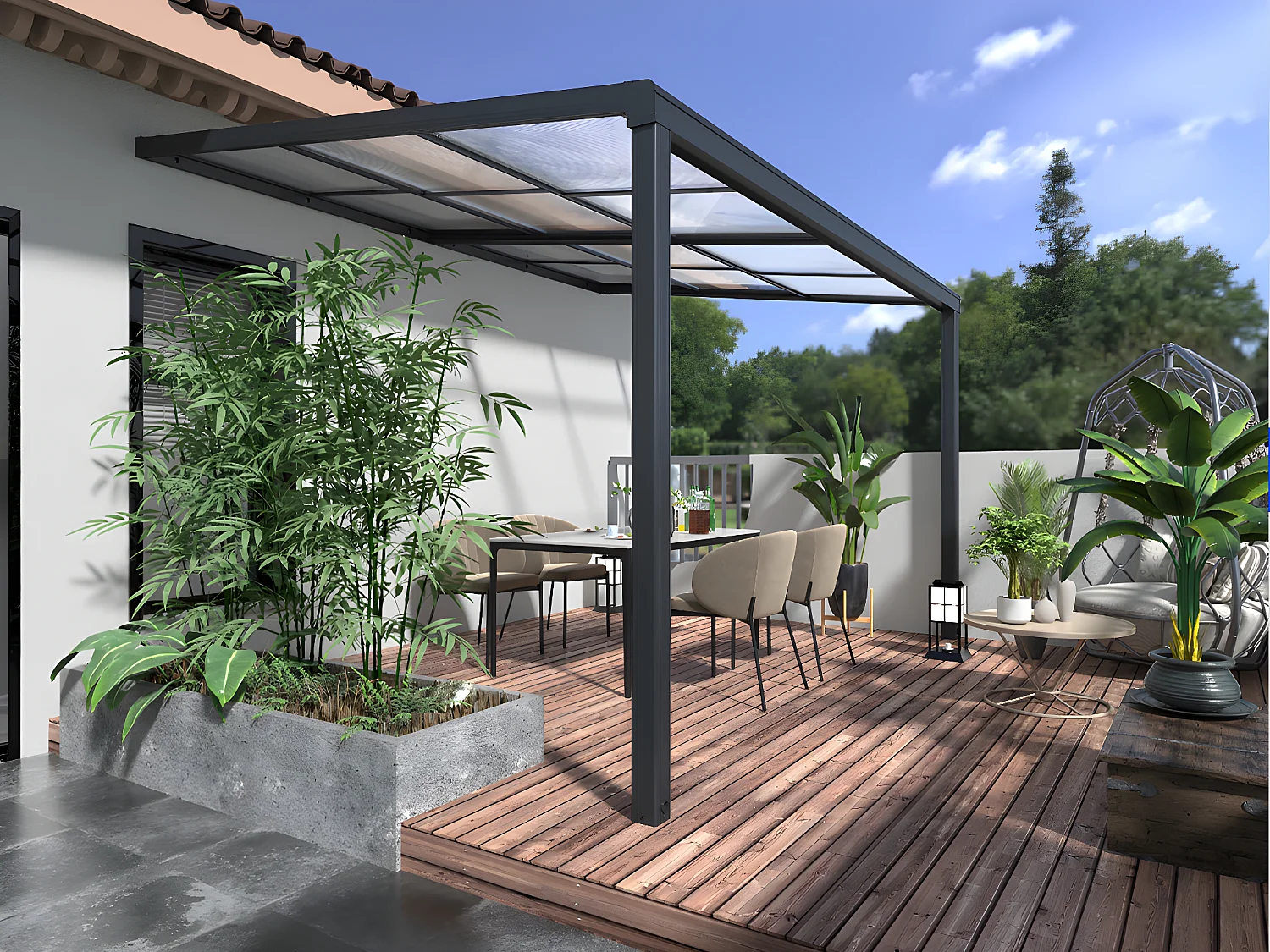 une pergola en polycarbonate au-dessus d'une terrasse en bois marron 44600