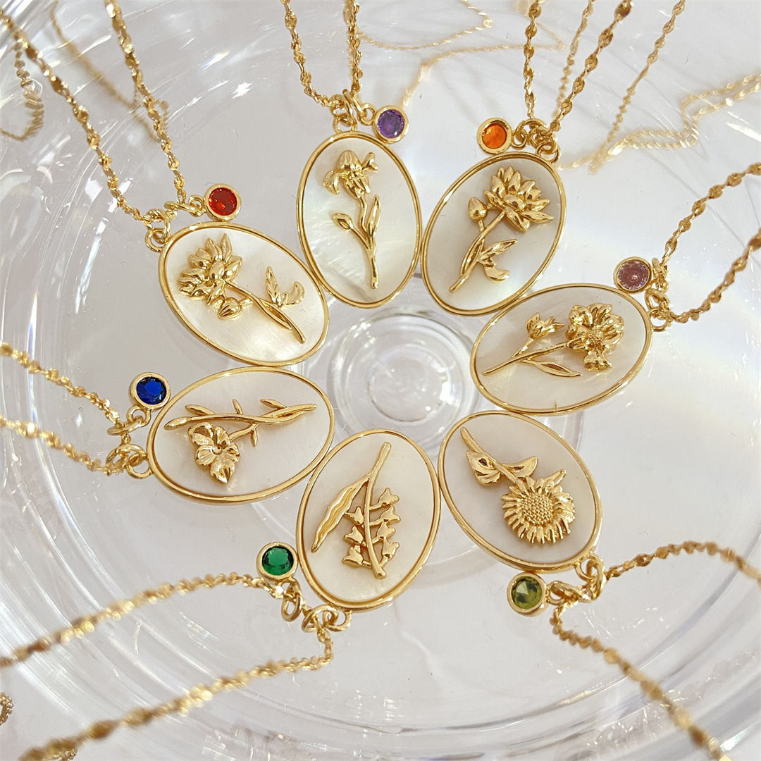 December Flower Necklace Stereo Flower Oval Shellfish Pendant Birthstone Month 