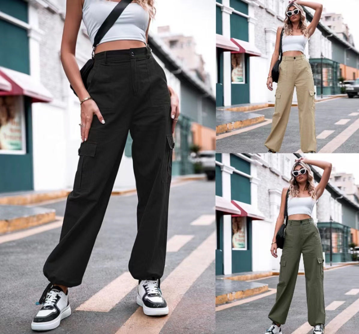 Summer New Casual Pants Women's Button High Waist Wide Leg Cargo Pants Wom