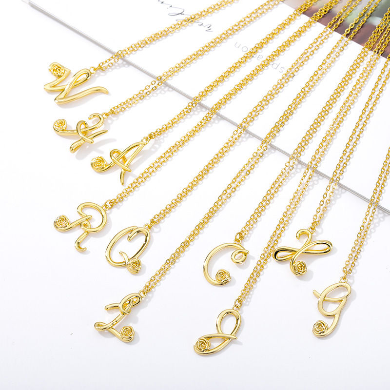 Miniatura: New Gold Capital English Alphabet Necklace Bohemian Style Rose Pendant Versatil