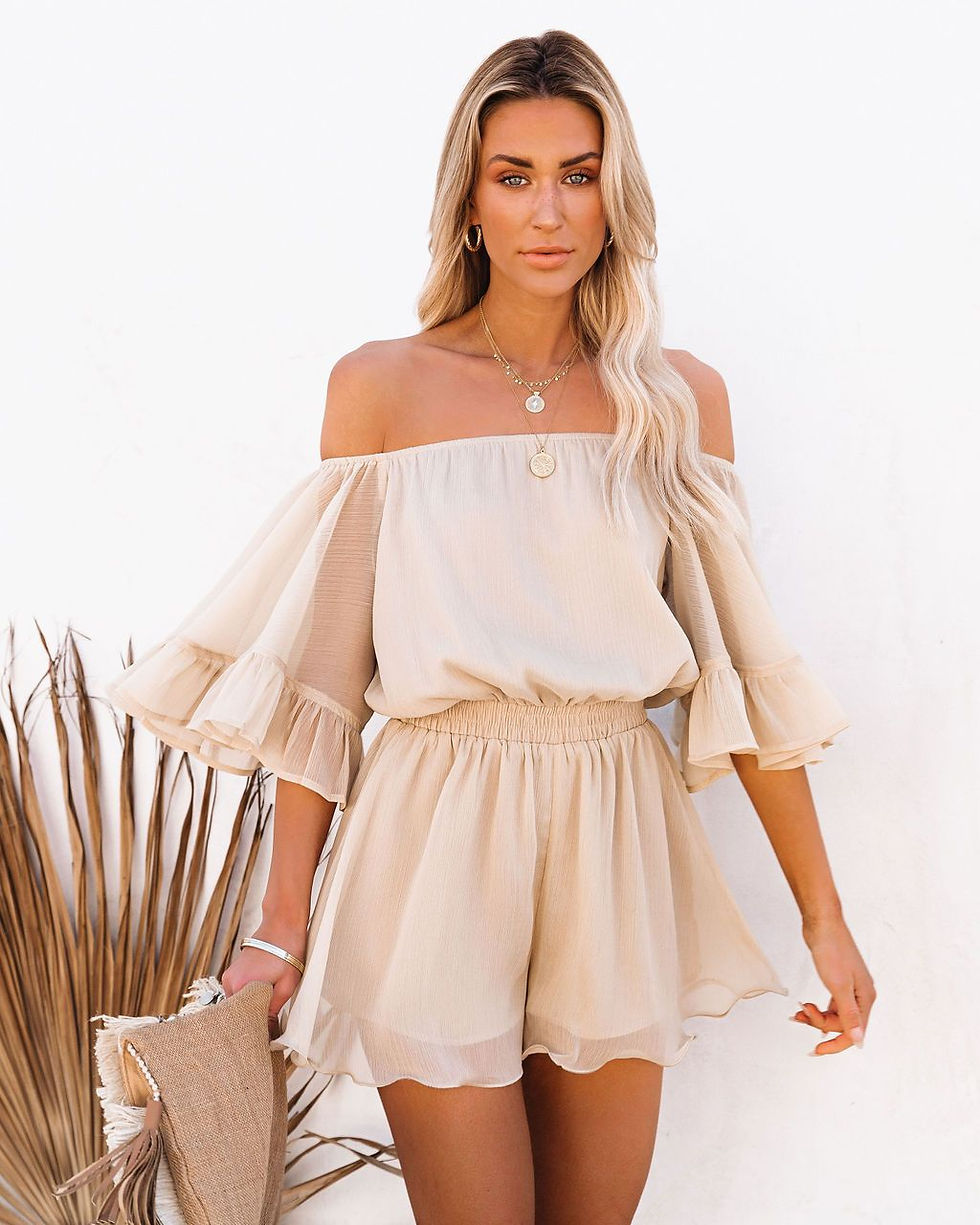 Miniatura: Stitching Short-sleeved Loose Shoulder Solid Color Chiffon Jumpsuit