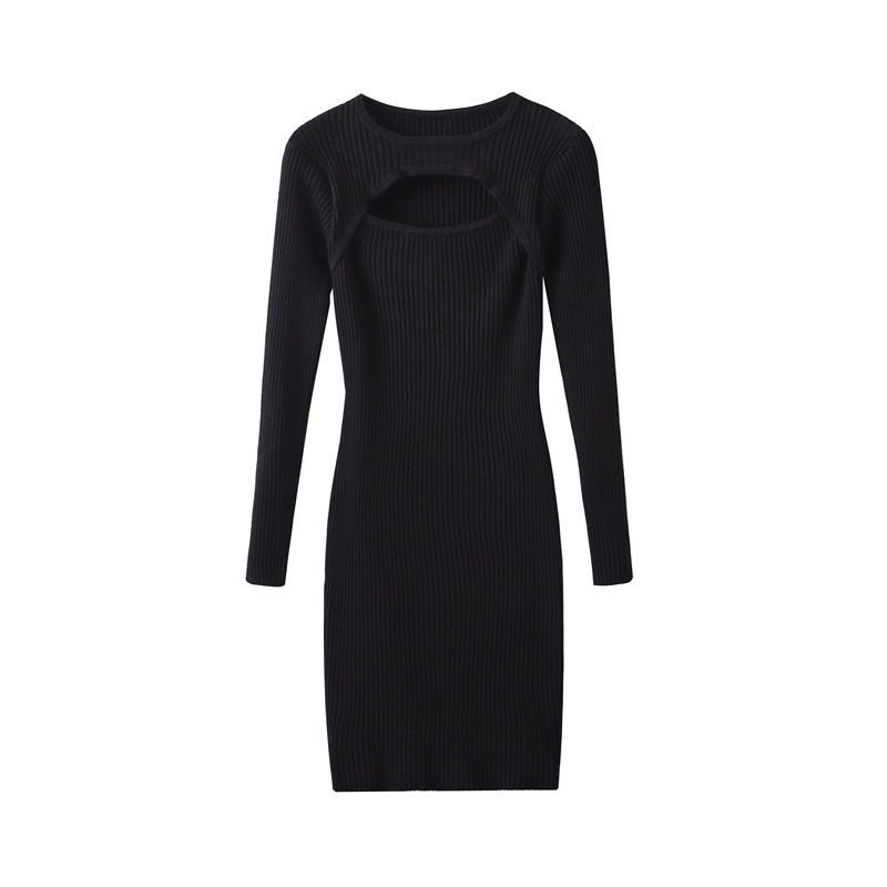 Miniatura: Knitted Rib Dress Long-sleeved Sexy Hollow Hip Waist Women's Elastic Dress
