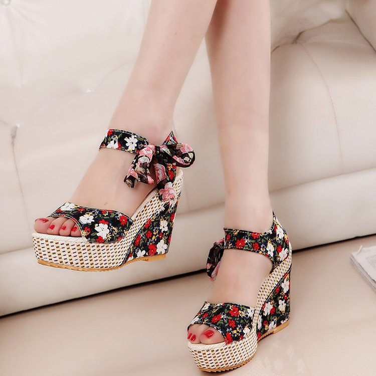 Miniatura: Floral Fish Mouth Wedge Sandals Summer New Korean Style Bohemian High Heel Stra
