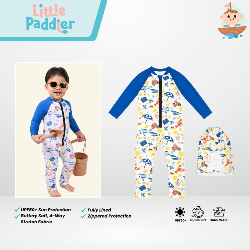 Little Paddler Elio UPF 50+ Boys Full-On Rash Guard with Sun Hat | One-Piece Swi
