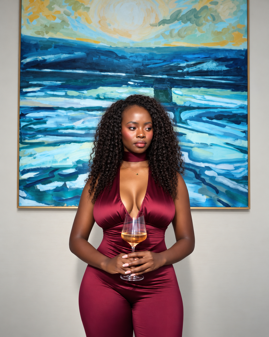 Hadassah holding a glass of wine in front of colorful abstract artwork