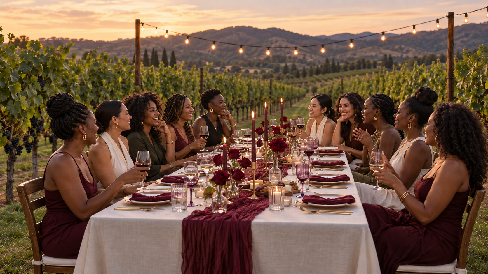 Ten women enjoying wine around a long table with burgundy details in a vineyard at sunset