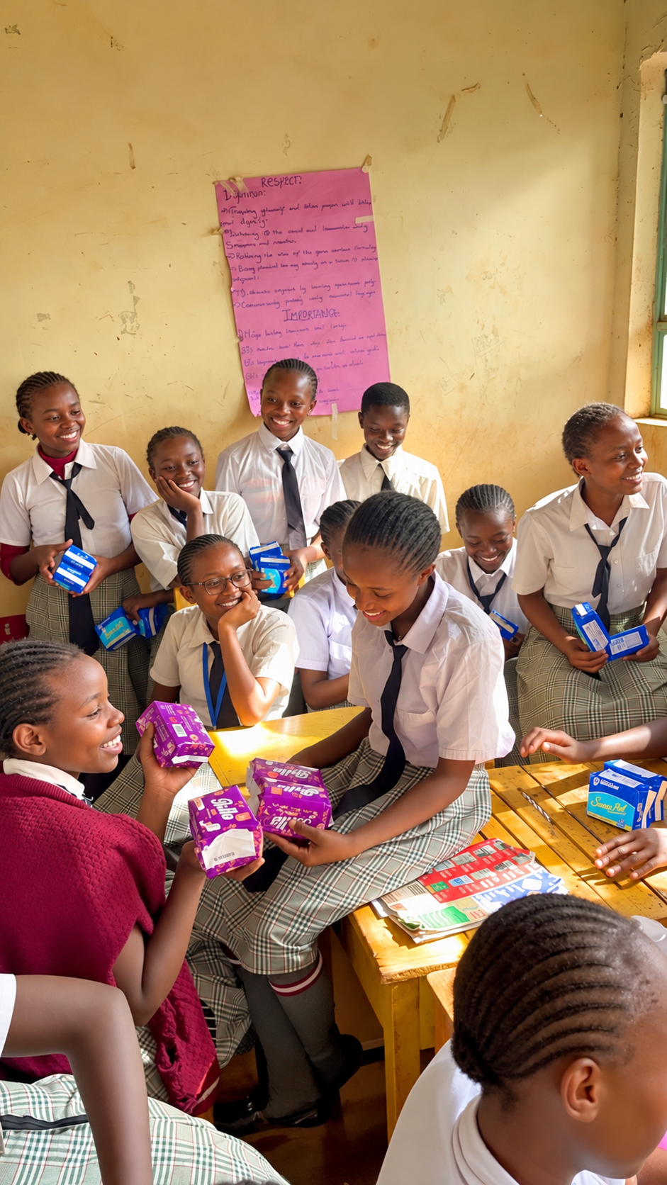 Edited photo of students smiling with sanitary pad supplies in a classroom