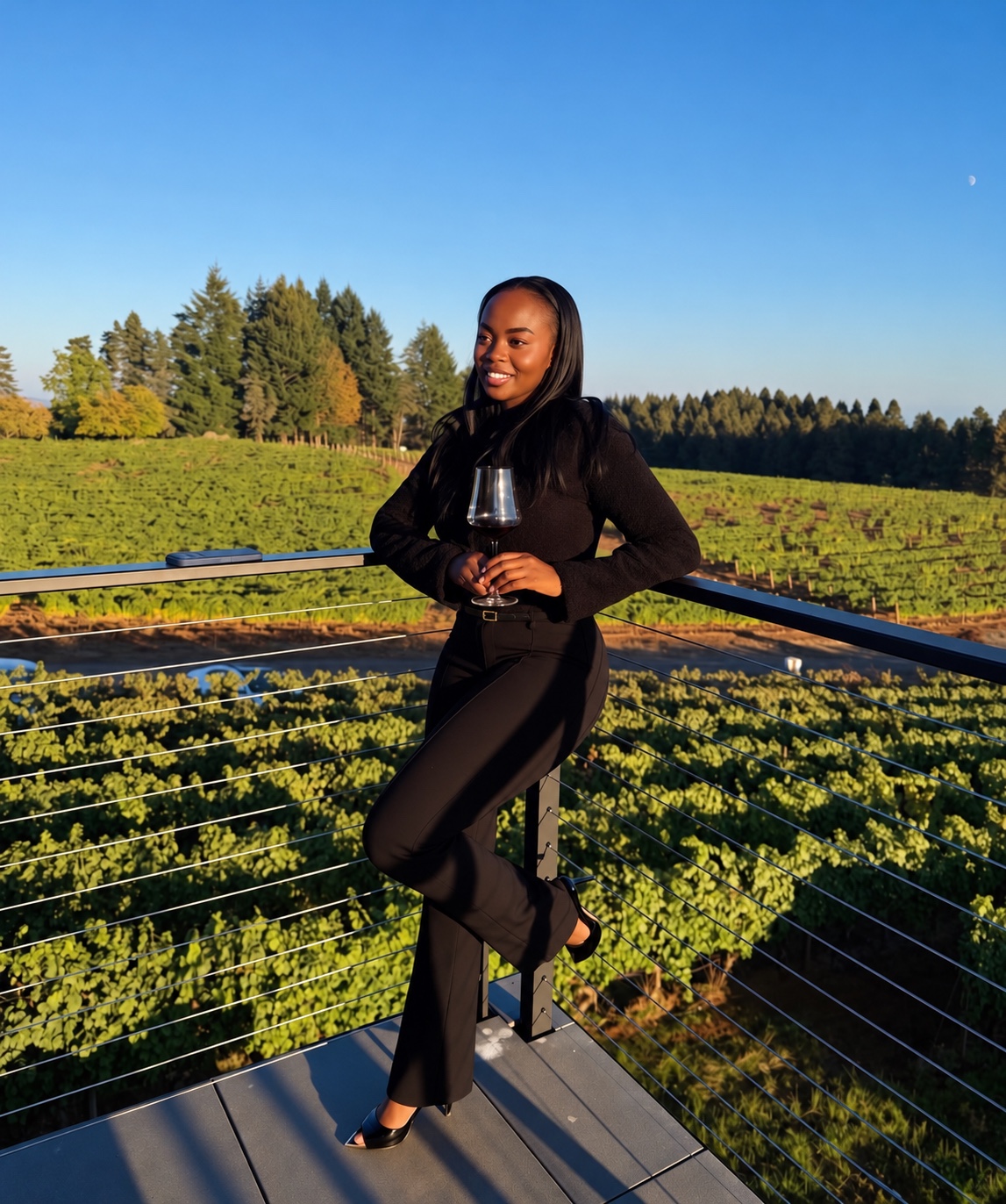 Hadassah in a black outfit holding a glass of wine overlooking a vineyard