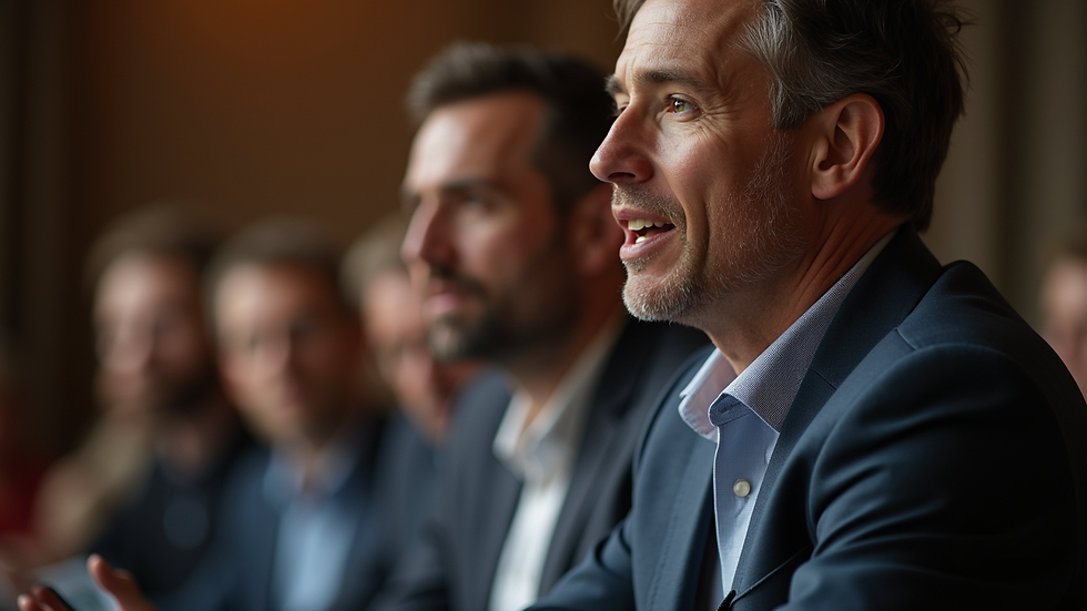 Close-up view of a speaker showing empathy during a leadership talk