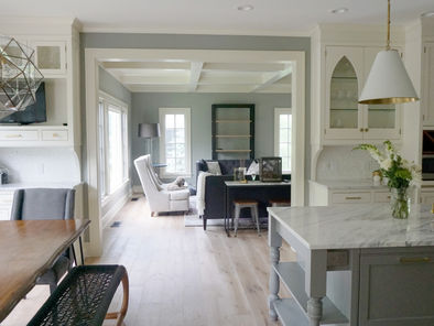 Modern kitchen and living area with white cabinets, marble island, and wood floors. Cozy gray couch and chair with a dog, near large windows. Lifestyle Kitchen Studio