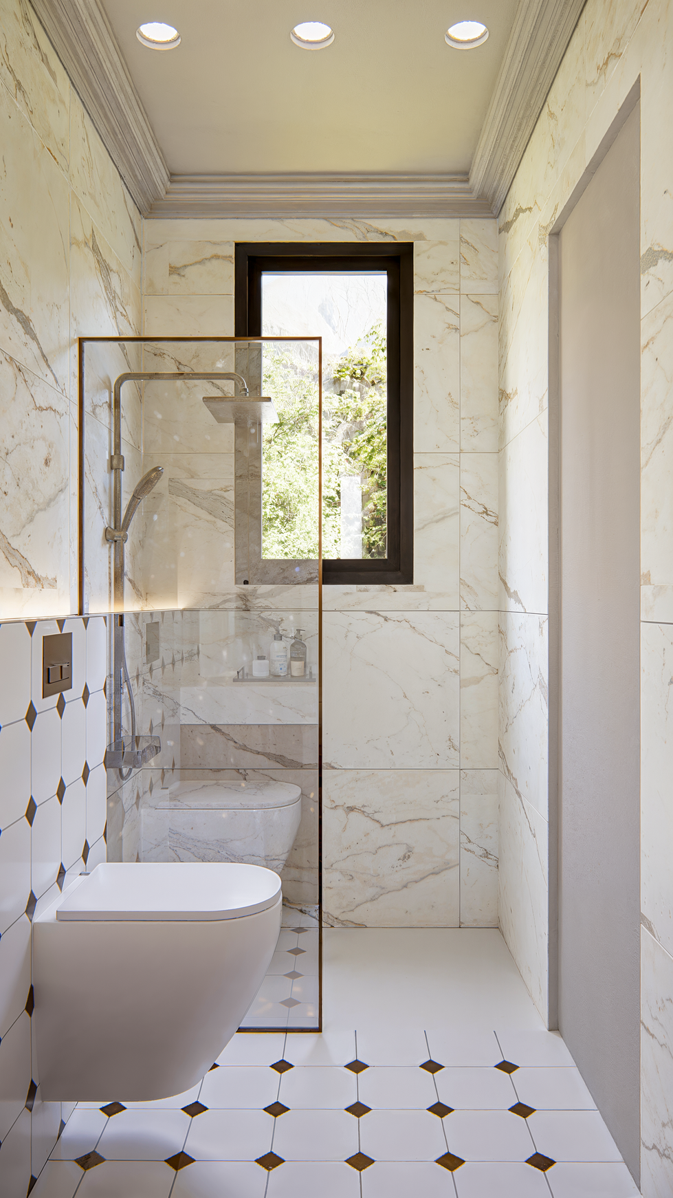 3D renders of luxury ensuite bathroom with marble walls, vanity unit, and shower area.