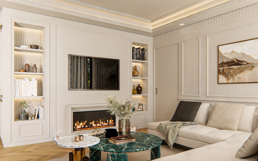 3D rendering of contemporary living room with wall paneling, fireplace, neutral colors and modern furniture.