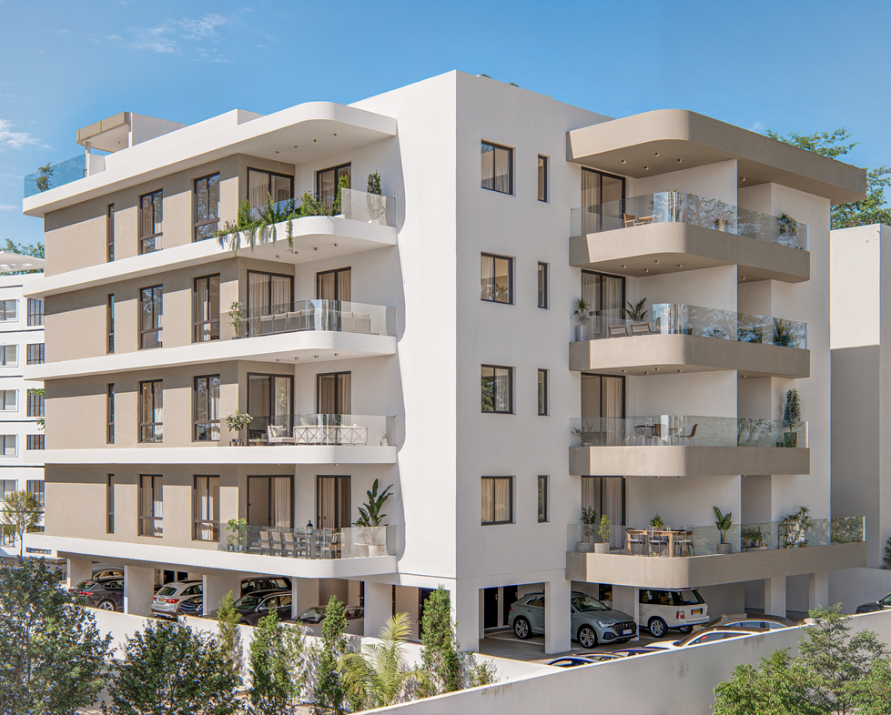 3D exterior rendering of a modern residential apartment building, showcasing balconies, wood cladding and soft natural lighting.