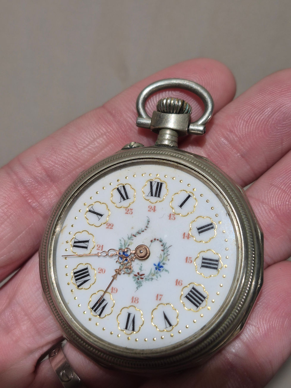 Thumbnail: Montre A Gousset Ancienne Argent Massif Cadran Émaillé