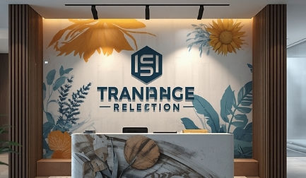 Modern office reception featuring a hand-painted company logo mural on a feature wall, pro