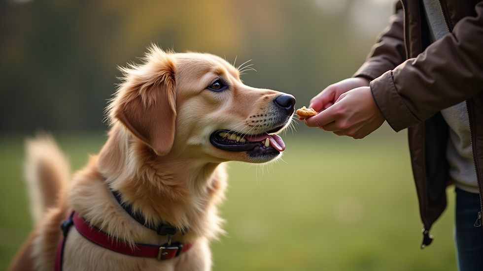Close-up view of a dog trainer giving a treat to a dog during training