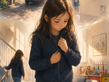 Petite fille figée dans ses pensées au centre de l'image, entourée de scènes évoquant le parcours vers l'hôpital et la perte progressive du sentiment de sécurité
