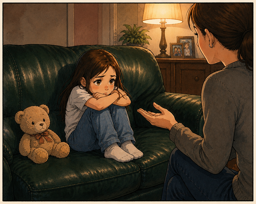 Petite fille triste recroquevillée sur un canapé vert, un ours en peluche à ses côtés pendant que sa mère lui parle dans un salon chaleureux.