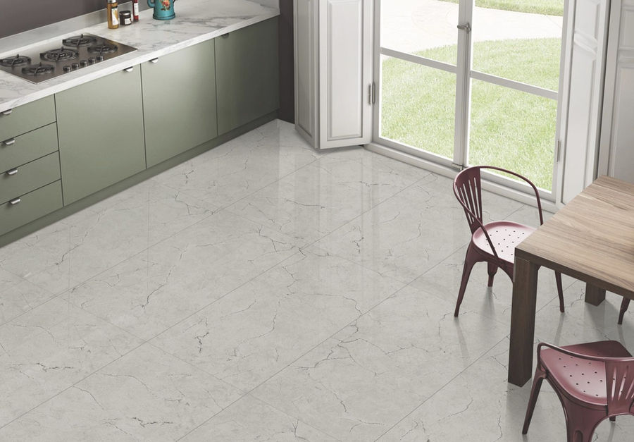 Renoir Grey 600 x 1200 mm matt textured tile shown in a room