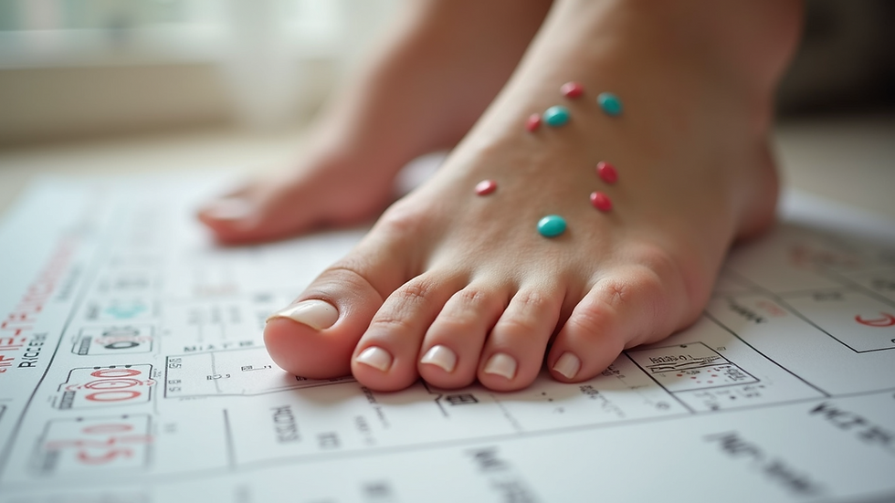 Close-up view of foot reflexology chart with marked pressure points
