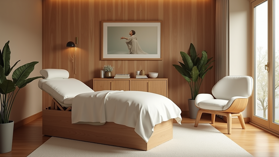 High angle view of a reflexology clinic treatment room with a massage chair