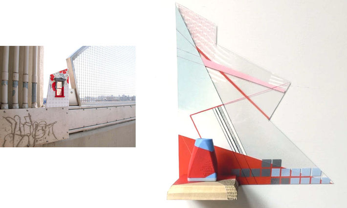 Plexi, enamel, vinyl, Prismacolor, paper, silkscreen, wood with digital photography (in viewfinder)