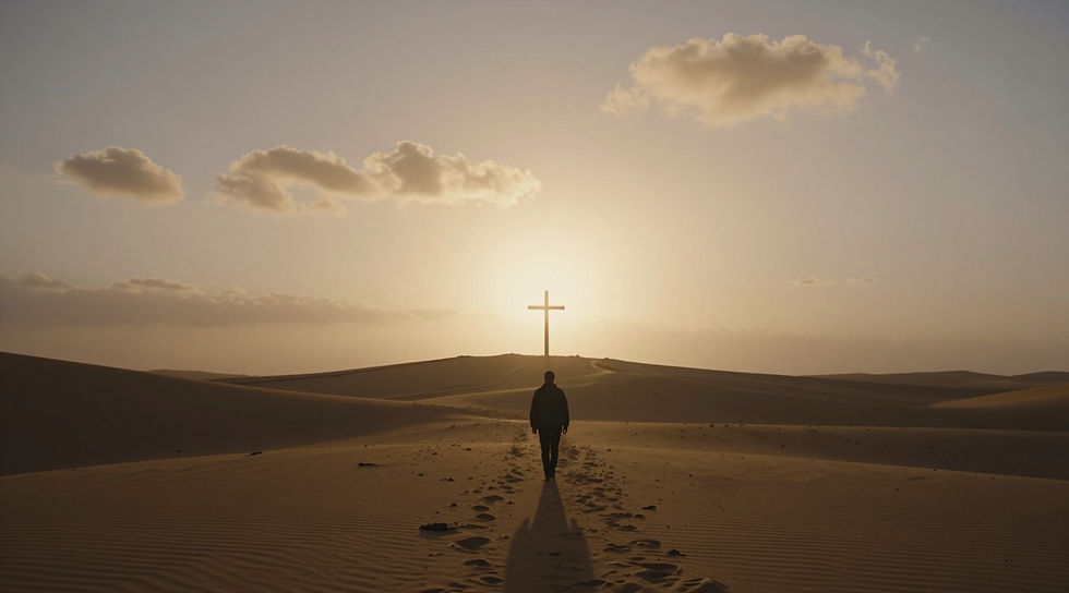 Silhouette of figure walking towards cross in desert