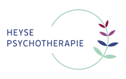 Logo Heyse Psychotherapie, aus türkisem Kreis mit drei Blütenblätterpaaren in rot, pink und blau und einem Blätterpaar