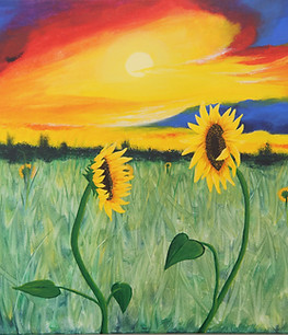 Acrly Bild von zwei Sonnenblumen, die zueinander gewand stehen, vor einem Sonnenuntergang