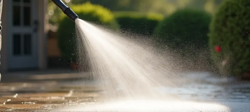 Pressure washing wand spraying water across a stone patio