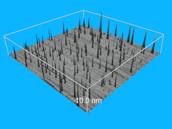 Square area with numerous spikes. Measuremnt shows spikes are around 10 nanometers or smaller.