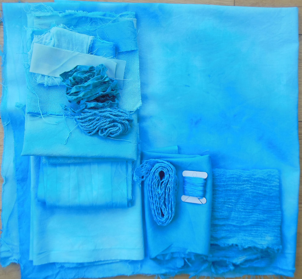 Fabric and threads dyed using the microwave dyeing technique.
