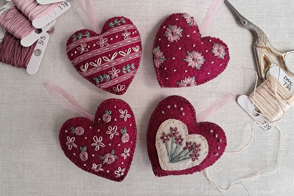 Hand embroidered felt valentine's hearts ornaments
