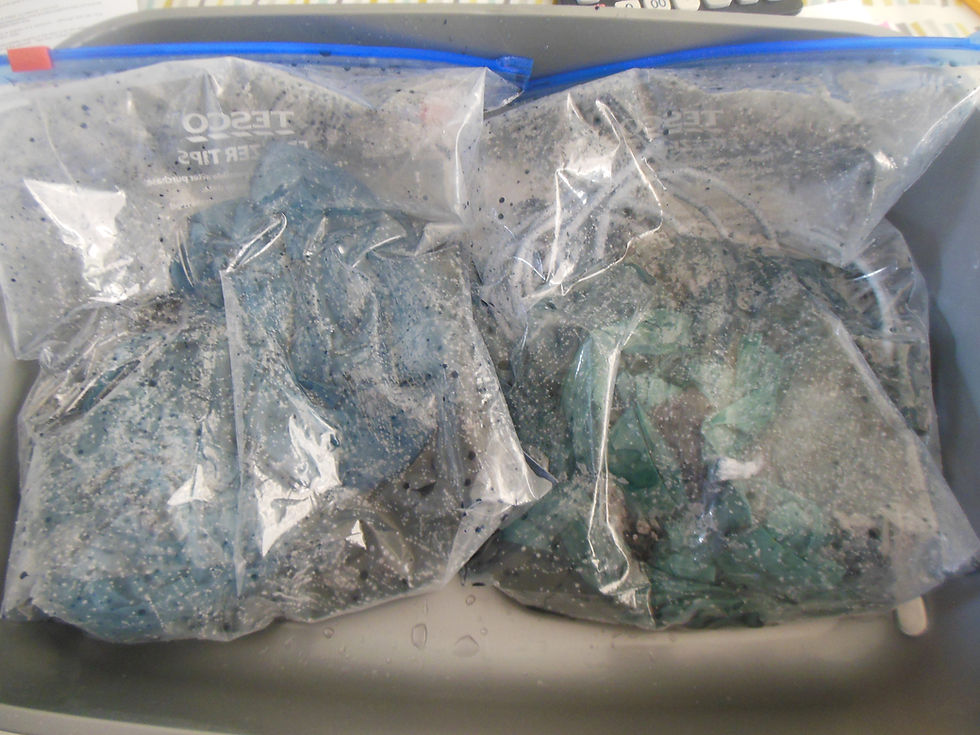 Fabric dyeing in plastic bags for city and guilds hand embroidery samples. Two plastic bags of fabric being dyed.