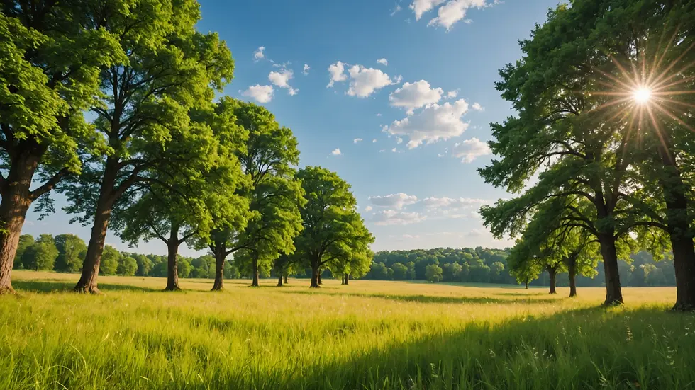 Eye-level view of a serene natural landscape with trees and open sky