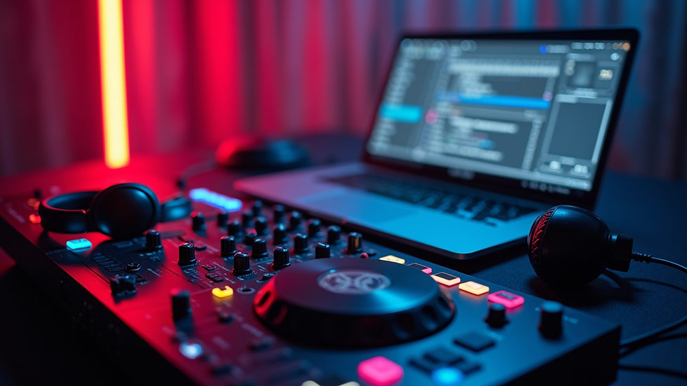 High angle view of a DJ setup with mixer, laptop, and headphones ready for a long set