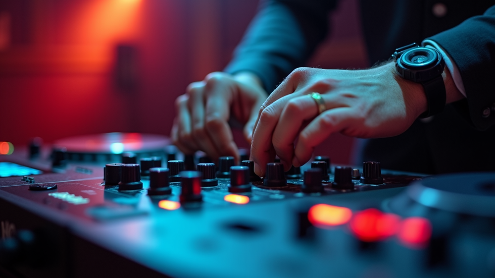 Close-up of DJ hands adjusting mixer knobs during peak set