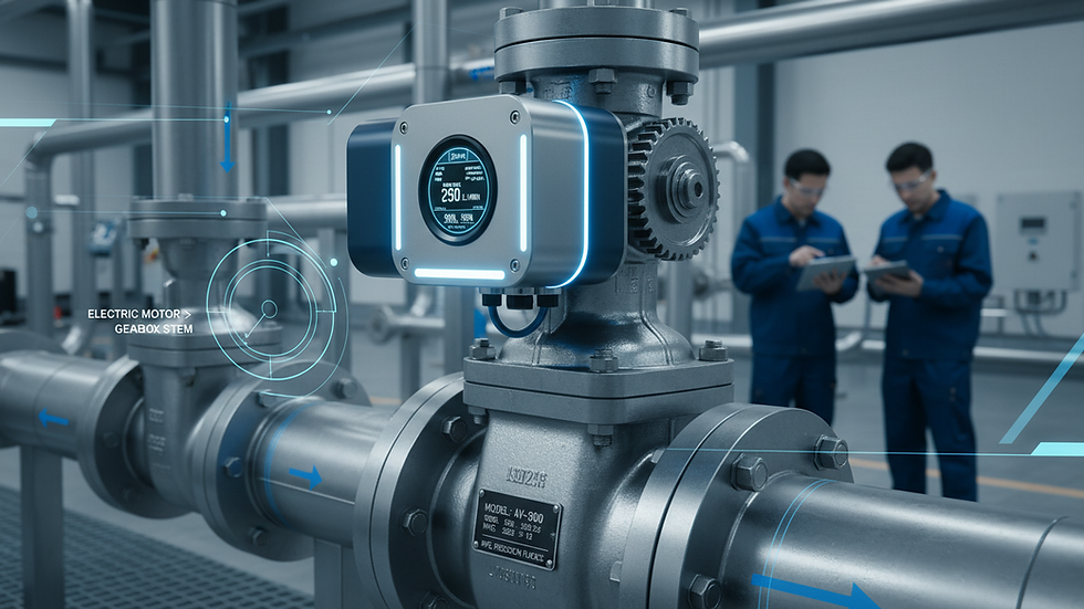 Close-up view of an electric actuator mounted on an industrial valve