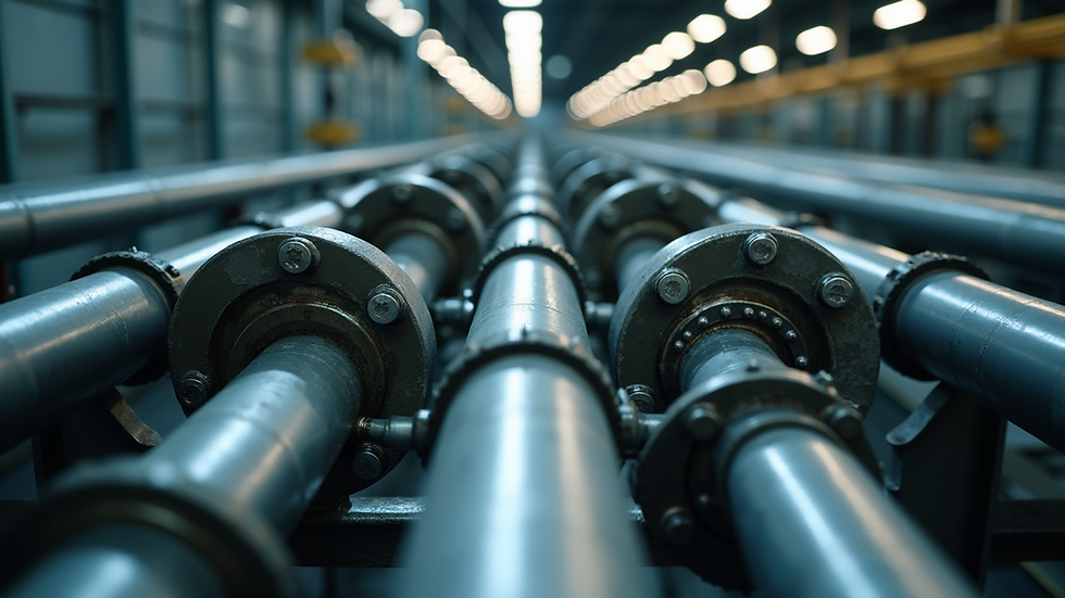 High angle view of industrial piping with multiple valves