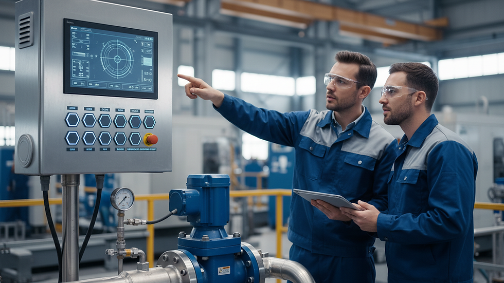 Eye-level view of an electric actuator control panel in an industrial setting
