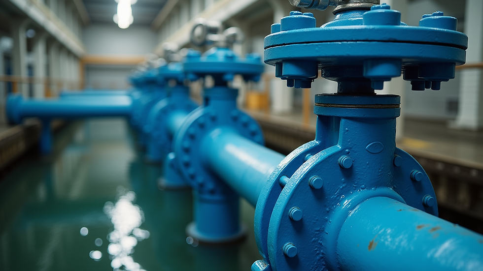 High angle view of a water treatment facility with butterfly valves