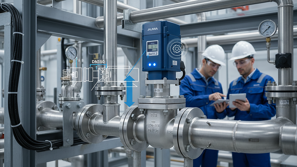 Eye-level view of stainless steel valve with electric actuator in an industrial setting