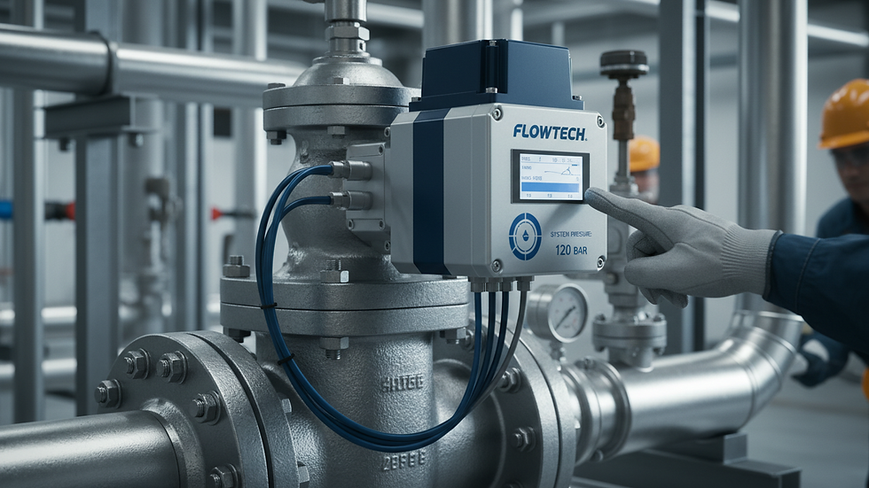 Close-up view of an electric actuator mounted on an industrial valve