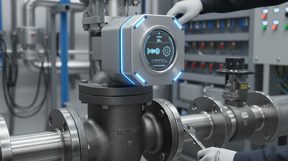 Close-up view of an electric valve actuator mounted on a valve body