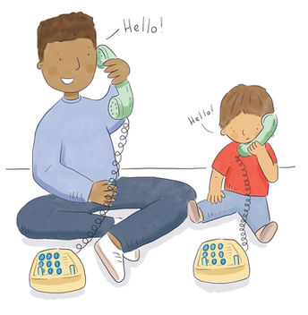 Dad and son on the telephone playing illustration