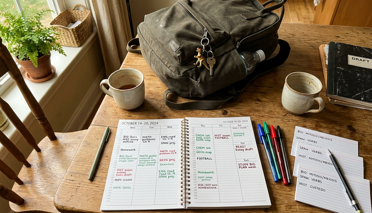 Overhead view of a weekly planner with homework blocks and school supplies