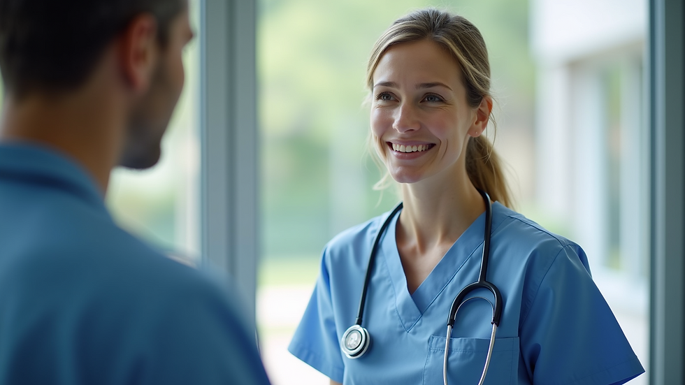 Eye-level view of a nurse practitioner discussing patient care with a mentor