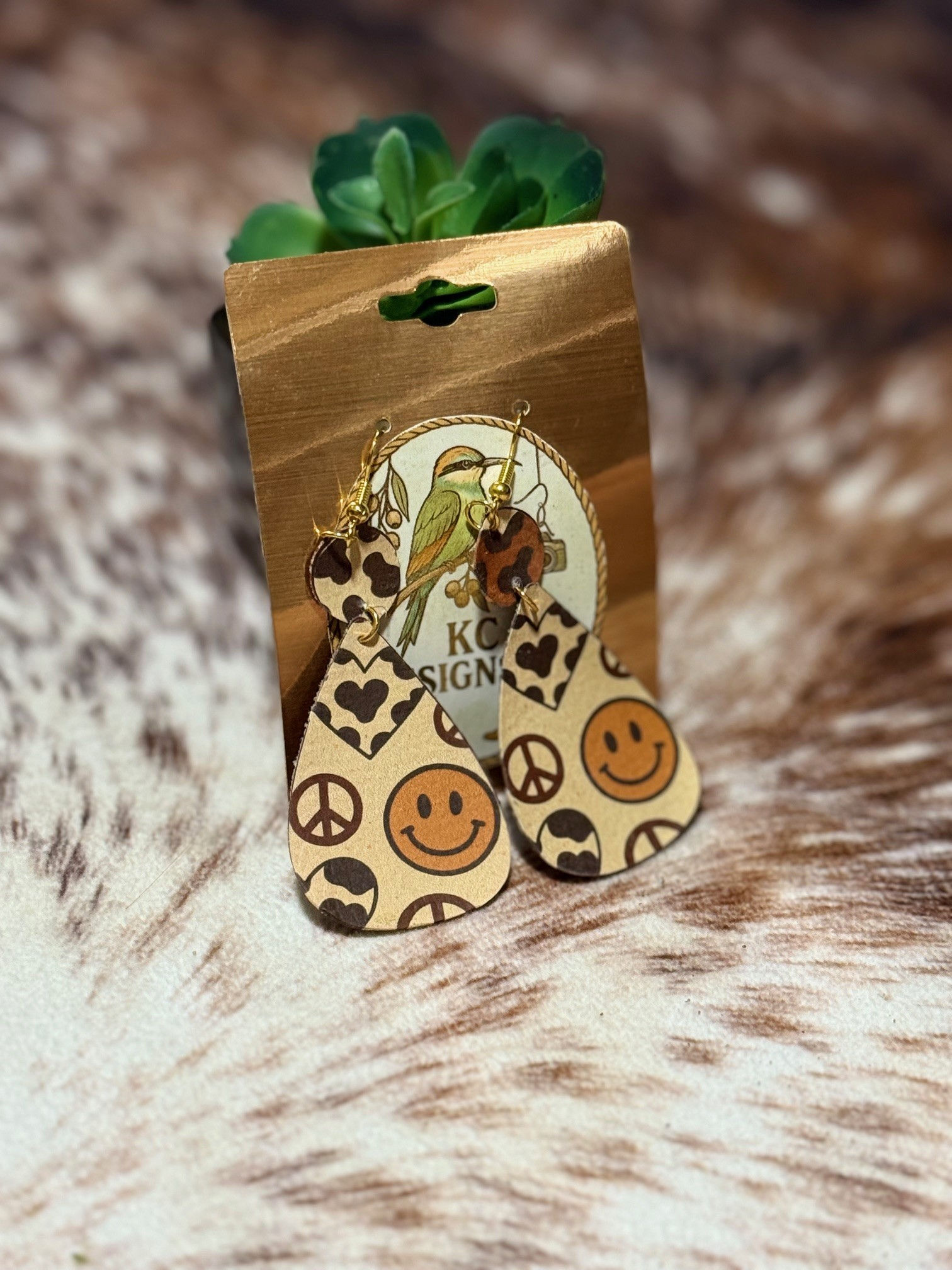 Faux Leather Earrings - Peace, Love and Happy Face