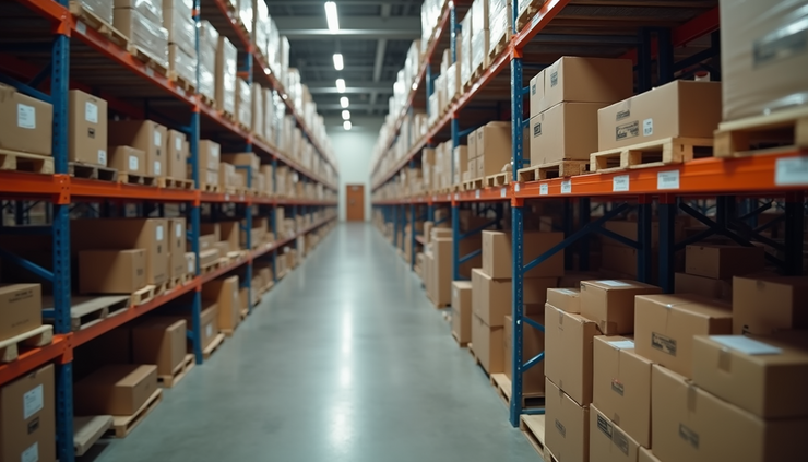 High angle view of a warehouse with shelves showing organized inventory ready for shipment
